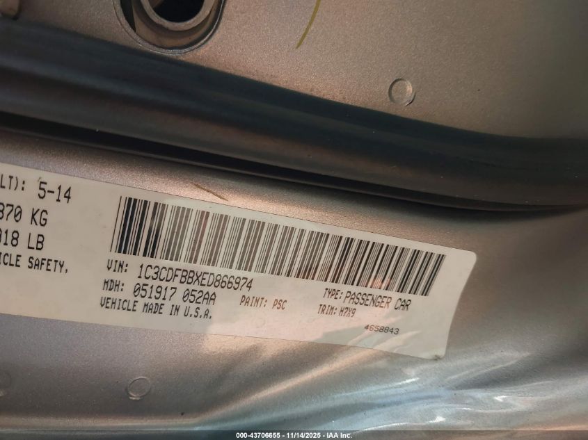 2014 Dodge Dart Sxt VIN: 1C3CDFBBXED866974 Lot: 43706655