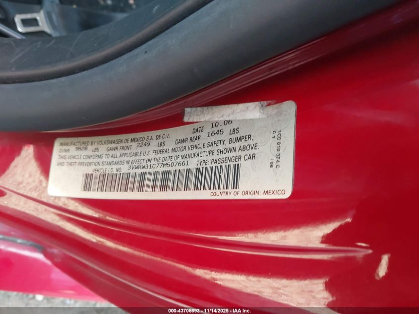 2007 Volkswagen New Beetle 2.5 VIN: 3VWRW31C77M507661 Lot: 43706693