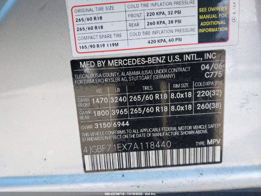 2007 Mercedes-Benz Gl 450 4Matic VIN: 4JGBF71EX7A118440 Lot: 43706715