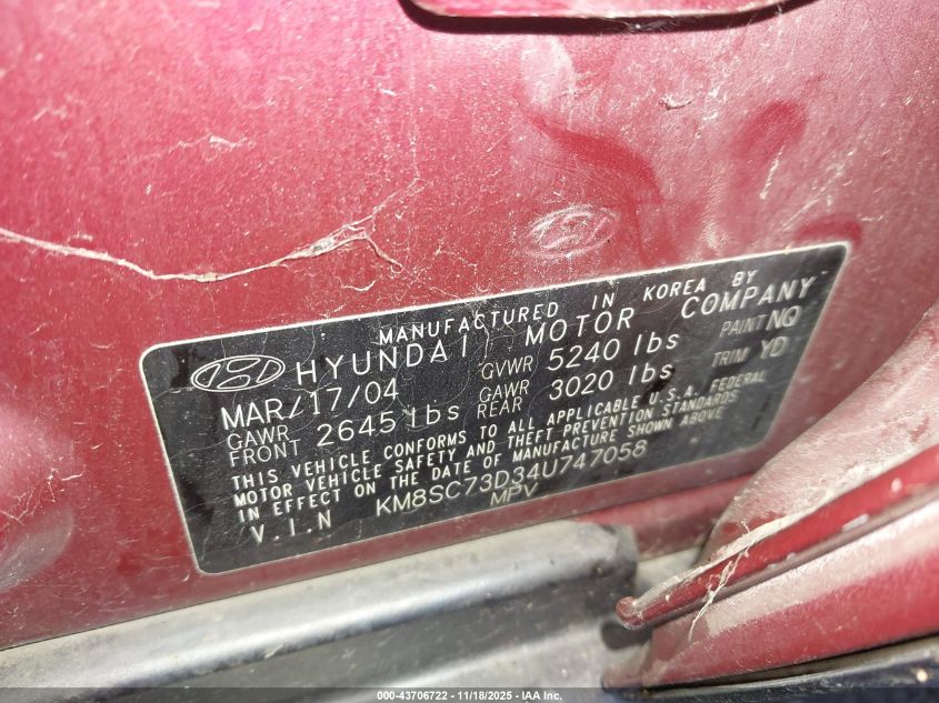 2004 Hyundai Santa Fe Gls VIN: KM8SC73D34U747058 Lot: 43706722