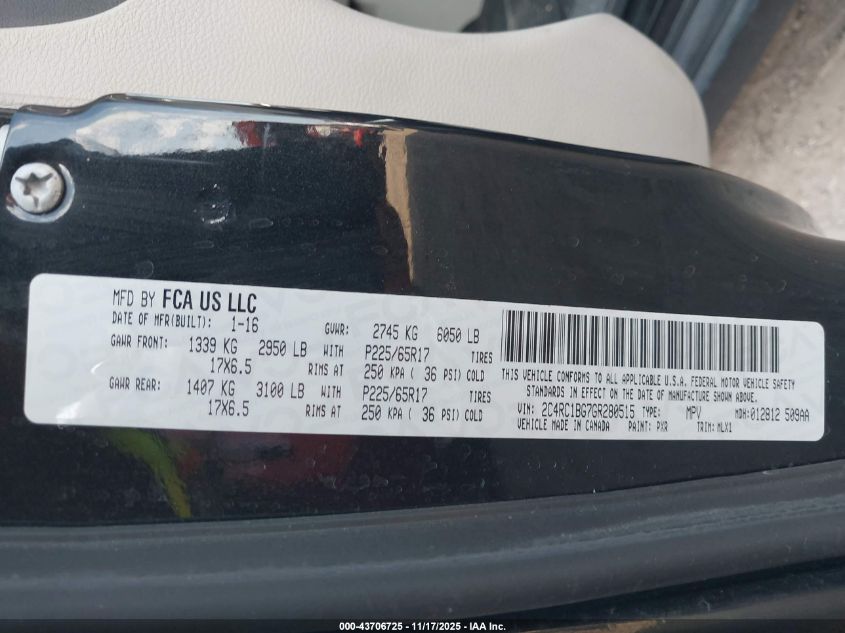 2016 Chrysler Town & Country Touring VIN: 2C4RC1BG7GR280515 Lot: 43706725