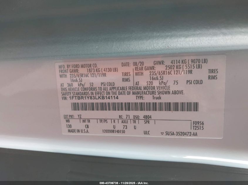 2020 Ford Transit-250 VIN: 1FTBR1Y83LKB14114 Lot: 43706736