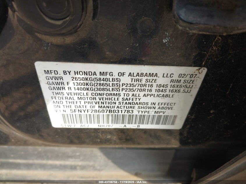 2007 Honda Pilot Ex-L VIN: 5FNYF28607B031783 Lot: 43706754