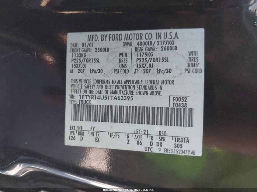 2001 Ford Ranger Edge/Xl/Xlt VIN: 1FTYR14U51TA63395 Lot: 43706758