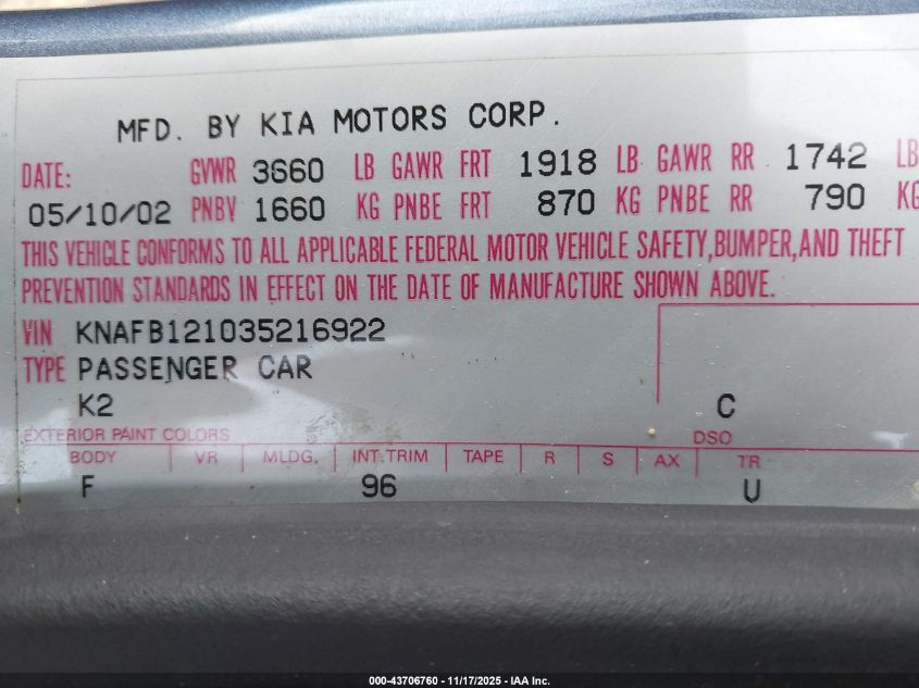 2003 Kia Spectra Ls VIN: KNAFB121035216922 Lot: 43706760