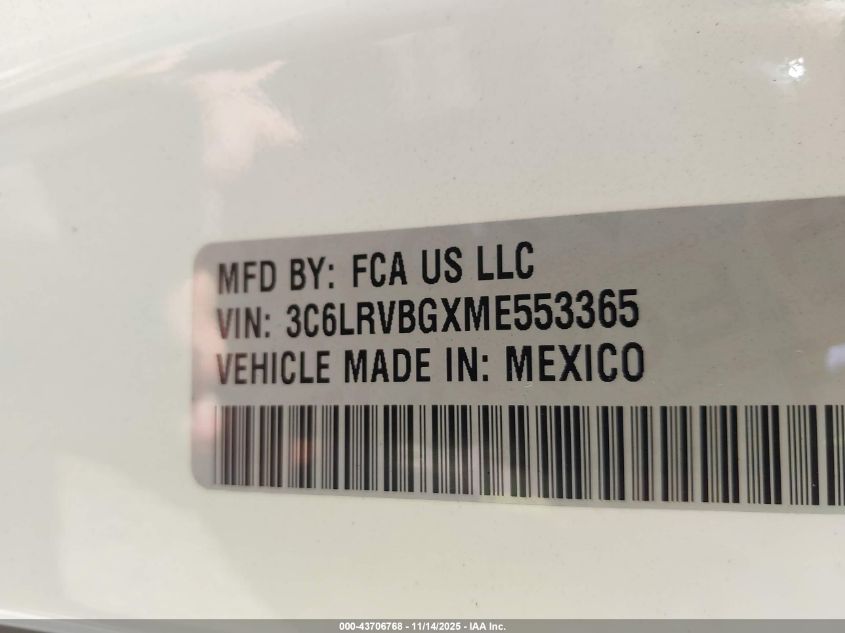 2021 Ram Promaster 1500 High Roof 136 Wb VIN: 3C6LRVBGXME553365 Lot: 43706768