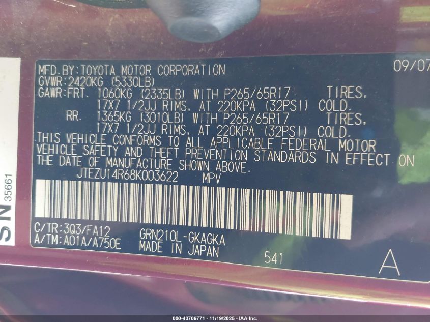 2008 Toyota 4Runner Sr5 V6 VIN: JTEZU14R68K003622 Lot: 43706771