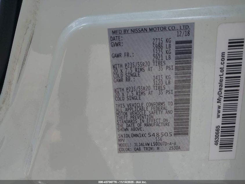 2019 Infiniti Qx60 Luxe VIN: 5N1DL0MN1KC548505 Lot: 43706776