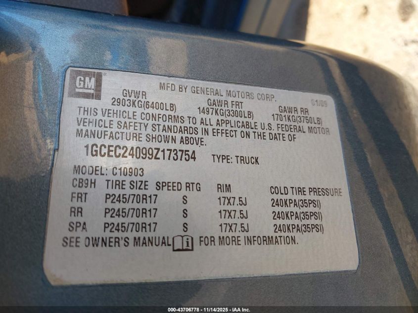 2009 GMC Sierra 1500 Sl/Work Truck VIN: 3GTEK13C69G134175 Lot: 43706778