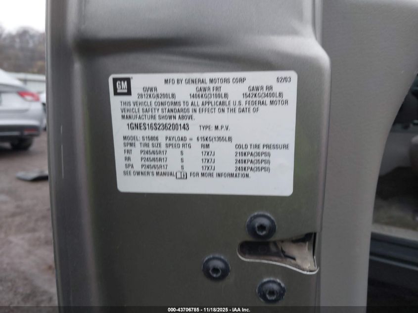 2003 Chevrolet Trailblazer Ext Lt VIN: 1GNES16S236200143 Lot: 43706785