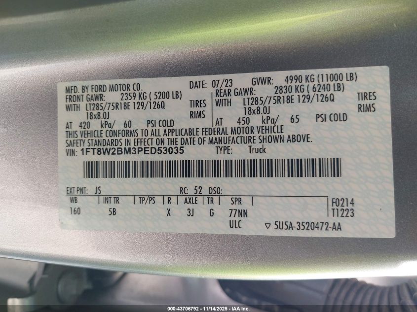 2023 Ford F-250 Lariat VIN: 1FT8W2BM3PED53035 Lot: 43706792