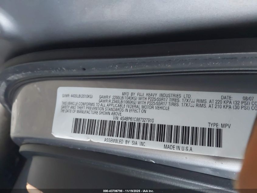 2008 Subaru Outback 2.5I/2.5I L.l. Bean Edition VIN: 4S4BP61C887327910 Lot: 43706798