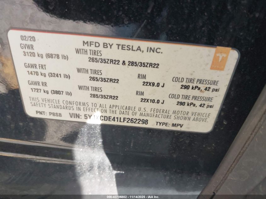 2020 Tesla Model X Performance Dual Motor All-Wheel Drive VIN: 5YJXCDE41LF262298 Lot: 43706802