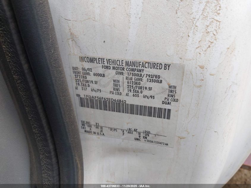 2002 Ford F-550 Xl/Xlt VIN: 1FDAF56F62ED64842 Lot: 43706833