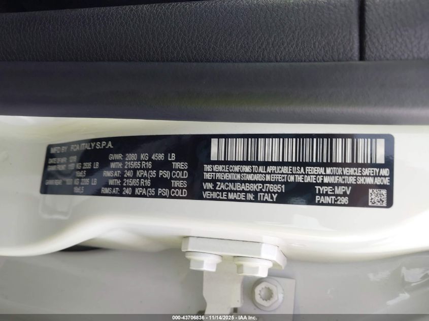 2019 Jeep Renegade Sport 4X4 VIN: ZACNJBAB8KPJ76951 Lot: 43706836