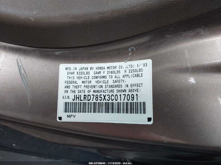 2003 Honda Cr-V Lx VIN: JHLRD785X3C017091 Lot: 43706840