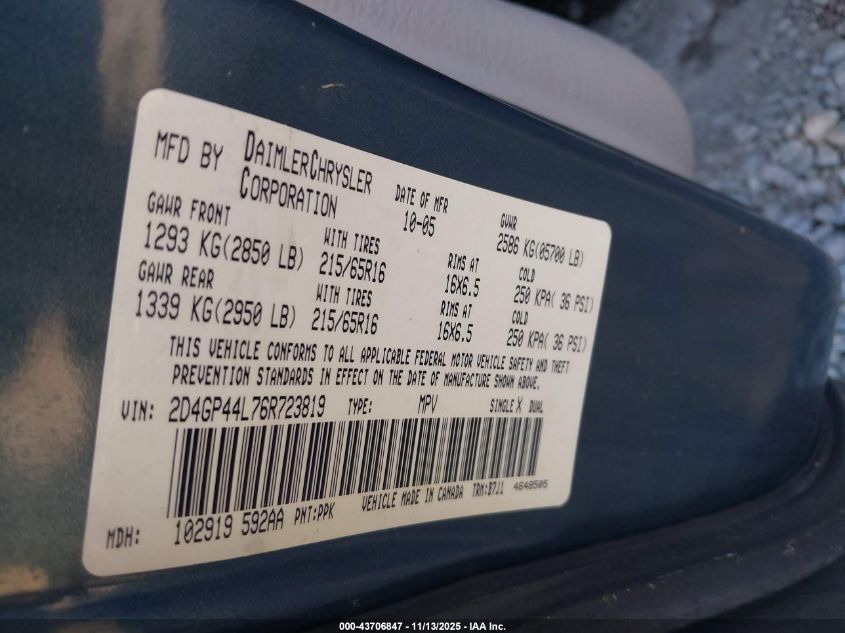 2006 Dodge Grand Caravan Sxt VIN: 2D4GP44L76R723819 Lot: 43706847