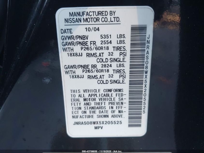 2005 Infiniti Fx35 VIN: JNRAS08WX5X205525 Lot: 43706858