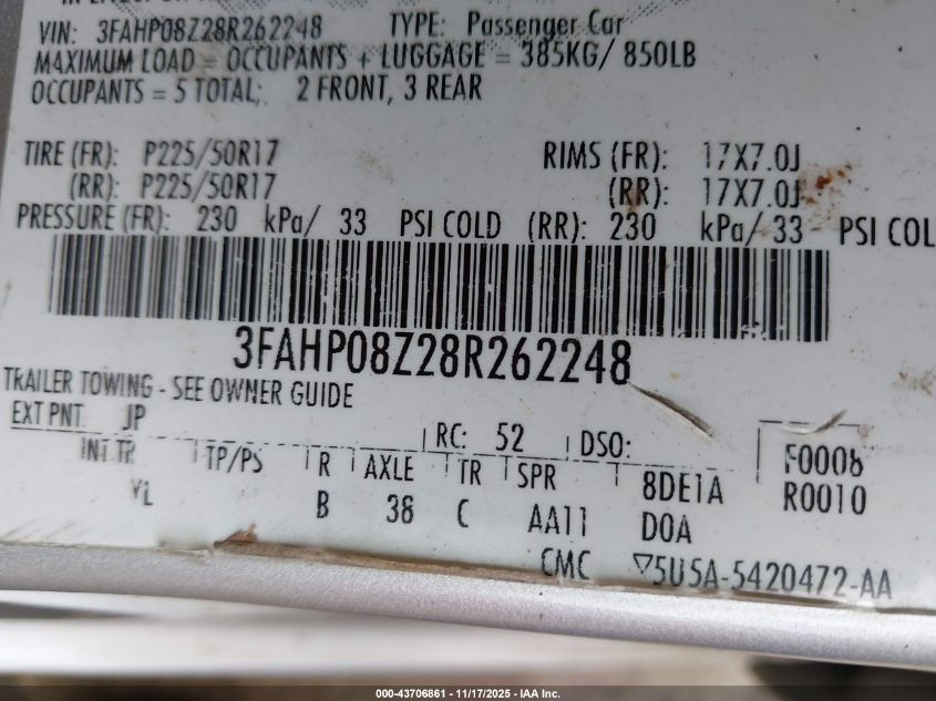 2008 Ford Fusion Sel VIN: 3FAHP08Z28R262248 Lot: 43706861