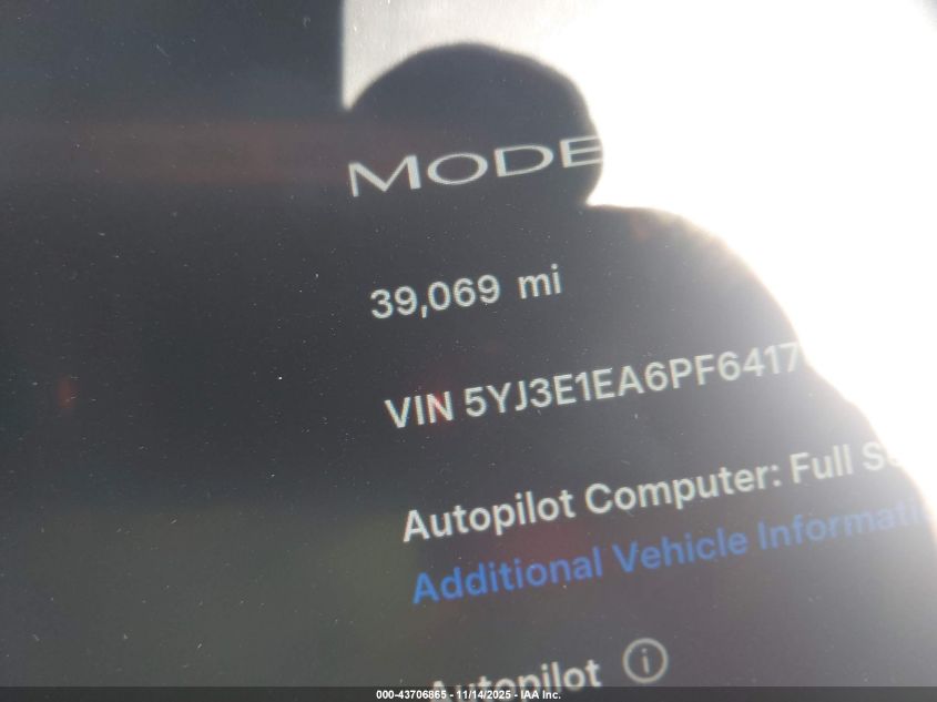 2023 Tesla Model 3 Rear-Wheel Drive VIN: 5YJ3E1EA6PF641705 Lot: 43706865