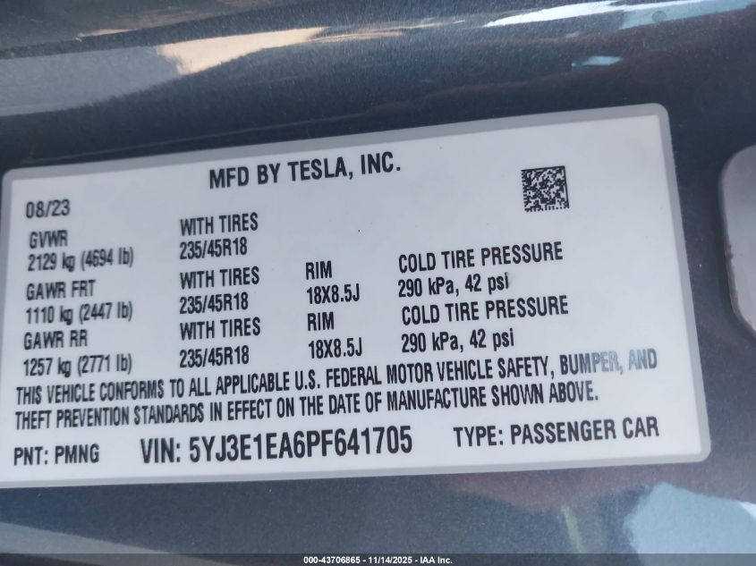 2023 Tesla Model 3 Rear-Wheel Drive VIN: 5YJ3E1EA6PF641705 Lot: 43706865