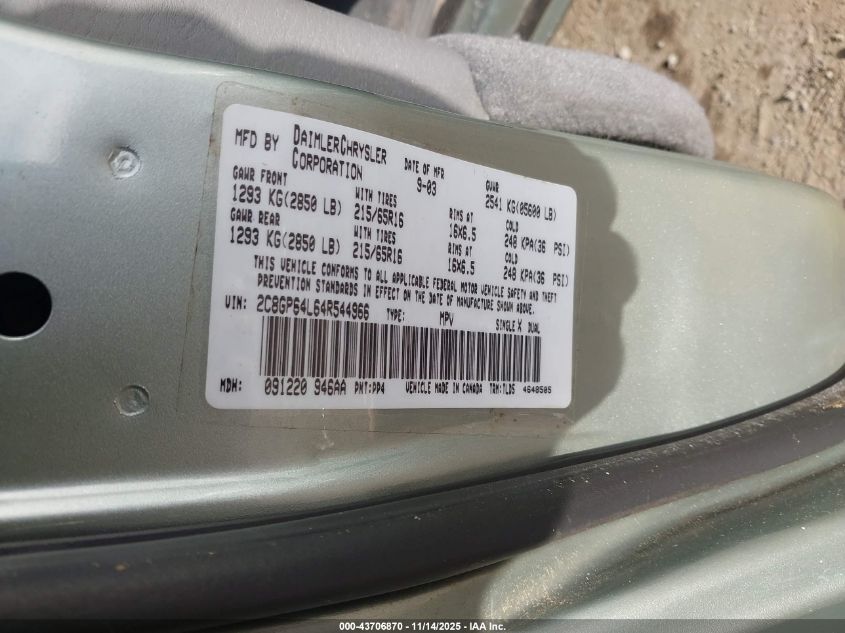 2004 Chrysler Town & Country Limited VIN: 2C8GP64L64R544966 Lot: 43706870