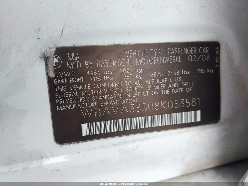 2008 BMW 328I VIN: WBAVA33508K053581 Lot: 43706892