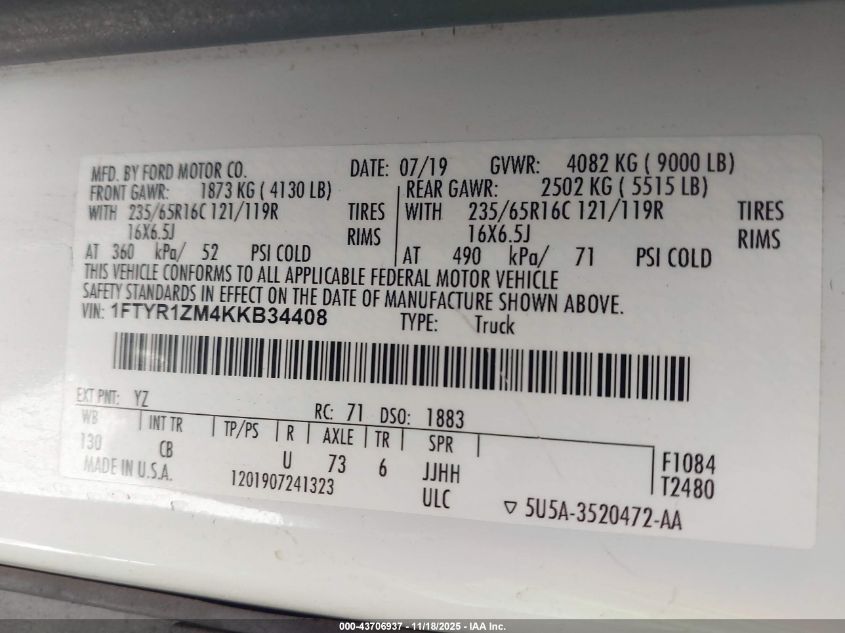 2019 Ford Transit-250 VIN: 1FTYR1ZM4KKB34408 Lot: 43706937