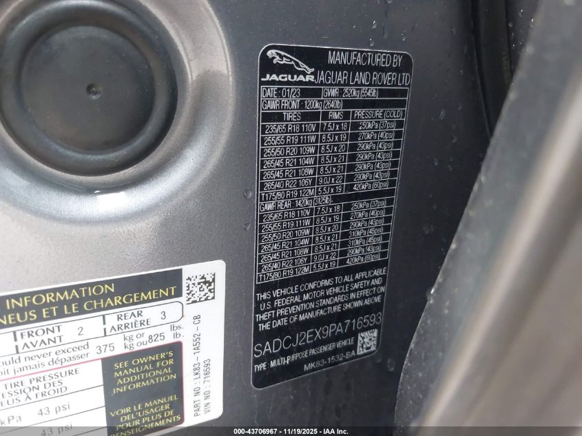 2023 Jaguar F-Pace S P250 Awd Automatic VIN: SADCJ2EX9PA716593 Lot: 43706967
