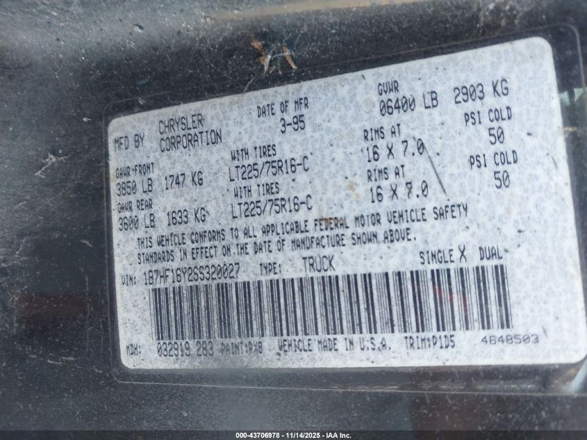 1995 Dodge Ram 1500 VIN: 1B7HF16Y2SS320027 Lot: 43706978