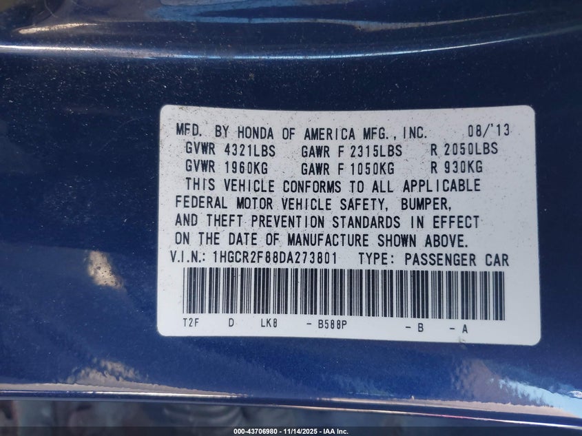 1HGCR2F88DA273801 2013 HONDA ACCORD photo no. 9