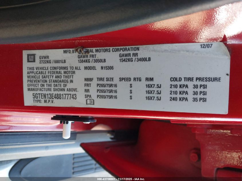 2008 Hummer H3 Suv VIN: 5GTEN13E488177743 Lot: 43706981