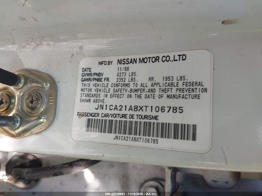 1999 Nissan Maxima Gle/Gxe/Se/Se-L VIN: JN1CA21A8XT106785 Lot: 43706983