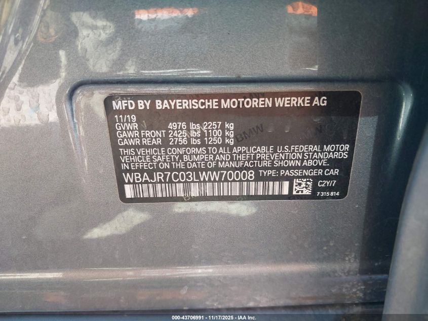 2020 BMW 530I xDrive VIN: WBAJR7C03LWW70008 Lot: 43706991