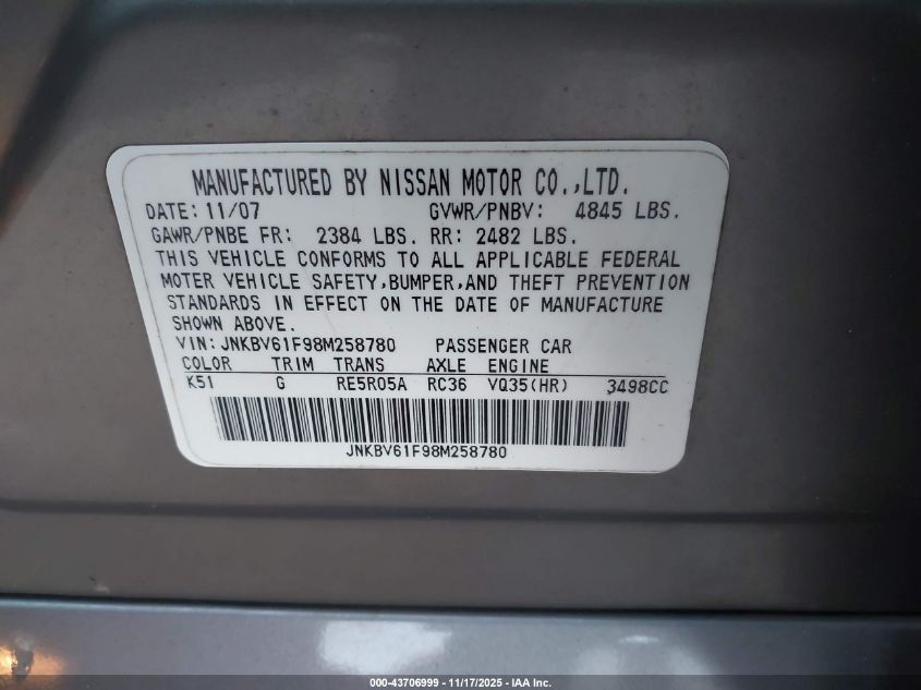 2008 Infiniti G35X VIN: JNKBV61F98M258780 Lot: 43706999