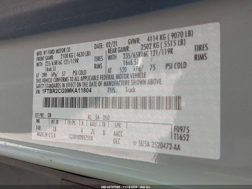2021 Ford Transit-250 VIN: 1FTBR2CG9MKA11804 Lot: 43707006