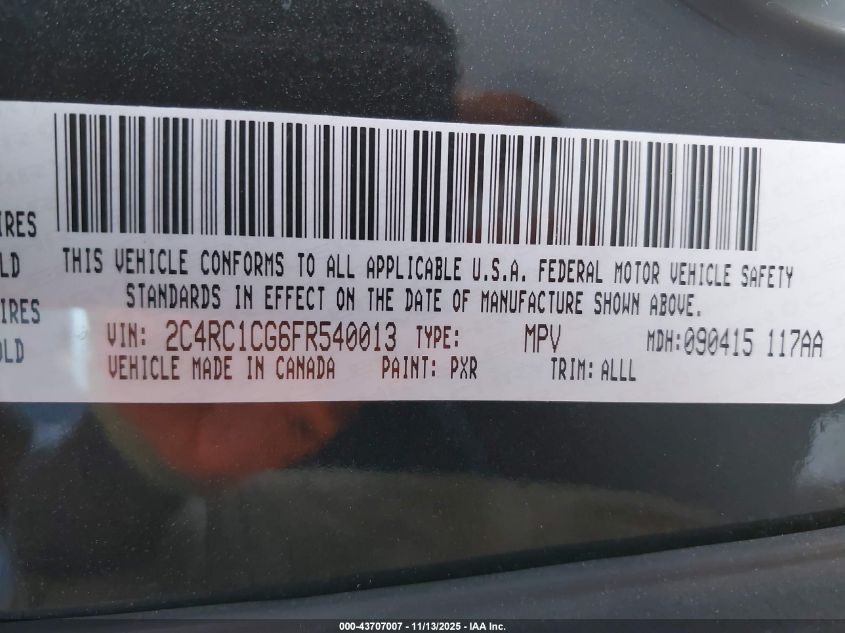 2015 Chrysler Town & Country Touring-L VIN: 2C4RC1CG6FR540013 Lot: 43707007
