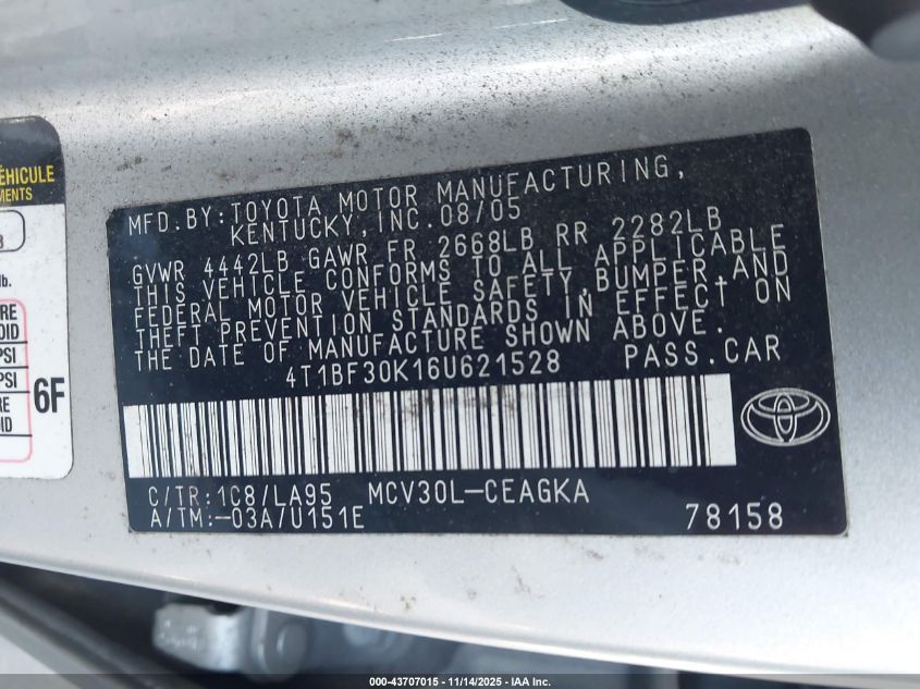 2006 Toyota Camry Xle V6 VIN: 4T1BF30K16U621528 Lot: 43707015