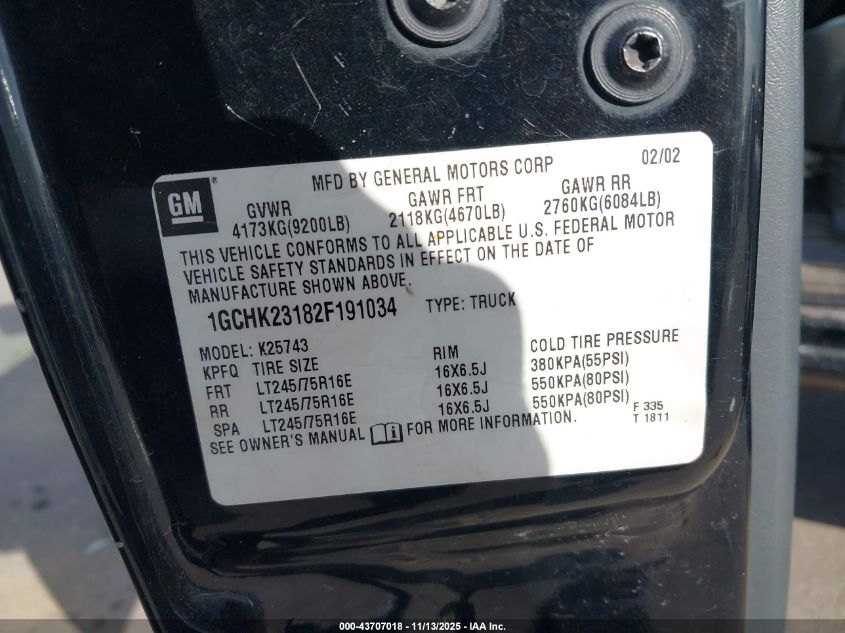 2002 Chevrolet Silverado 2500Hd Lt VIN: 1GCHK23182F191034 Lot: 43707018