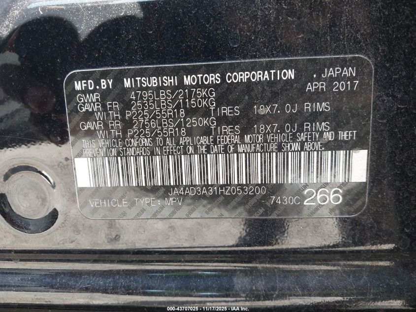 2017 Mitsubishi Outlander Sel VIN: JA4AD3A31HZ053200 Lot: 43707025