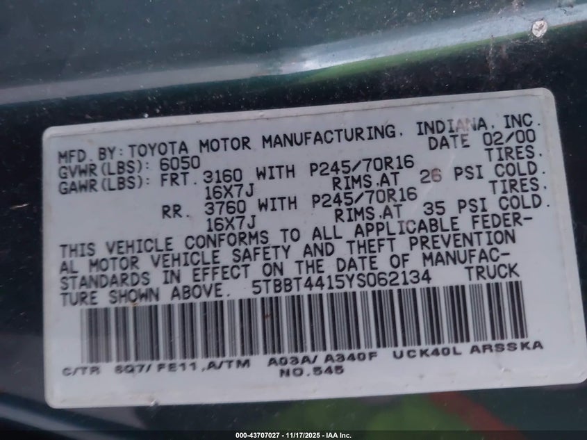 5TBBT4415YS062134 2000 TOYOTA TUNDRA photo no. 9