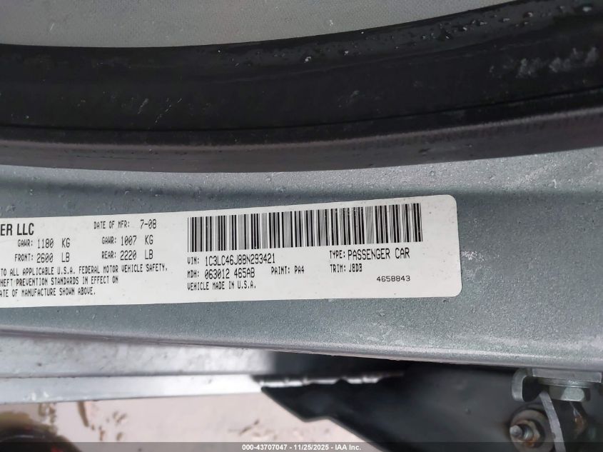 2008 Chrysler Sebring Lx VIN: 1C3LC46J88N293421 Lot: 43707047