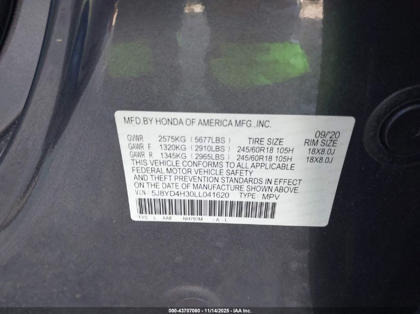 2020 Acura Mdx Standard VIN: 5J8YD4H30LL041620 Lot: 43707060