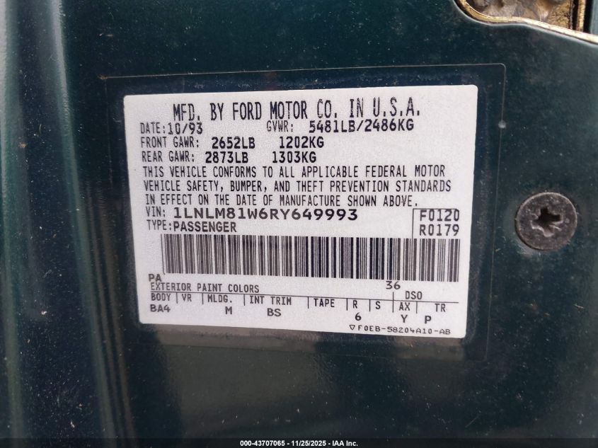 1994 Lincoln Town Car Executive VIN: 1LNLM81W6RY649993 Lot: 43707065