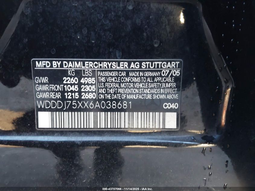 2006 Mercedes-Benz Cls 500 VIN: WDDDJ75XX6A038681 Lot: 43707066