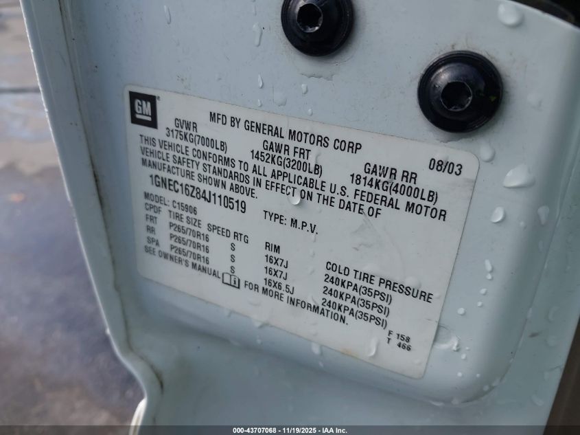 2004 Chevrolet Suburban 1500 Lt VIN: 1GNEC16Z84J110519 Lot: 43707068