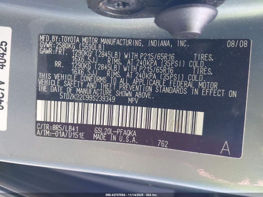 2009 Toyota Sienna Xle VIN: 5TDZK22C99S239349 Lot: 43707084