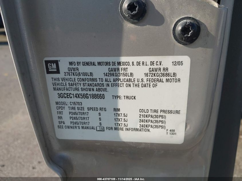 2006 Chevrolet Silverado 1500 Work Truck VIN: 3GCEC14X56G188660 Lot: 43707109