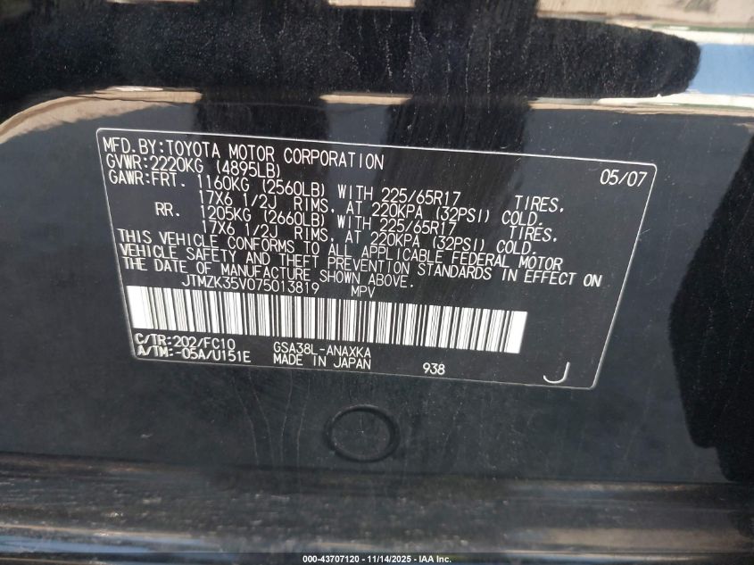 2007 Toyota Rav4 Base V6 VIN: JTMZK35V075013819 Lot: 43707120