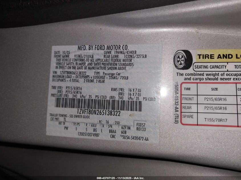 2006 Ford Mustang V6 VIN: 1ZVFT80N265138322 Lot: 43707125